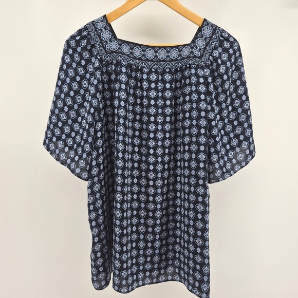 J. Jill Wearever Navy Blue Medallion Square Neck Blouse XL Travel Minimalist - Picture 9 of 11